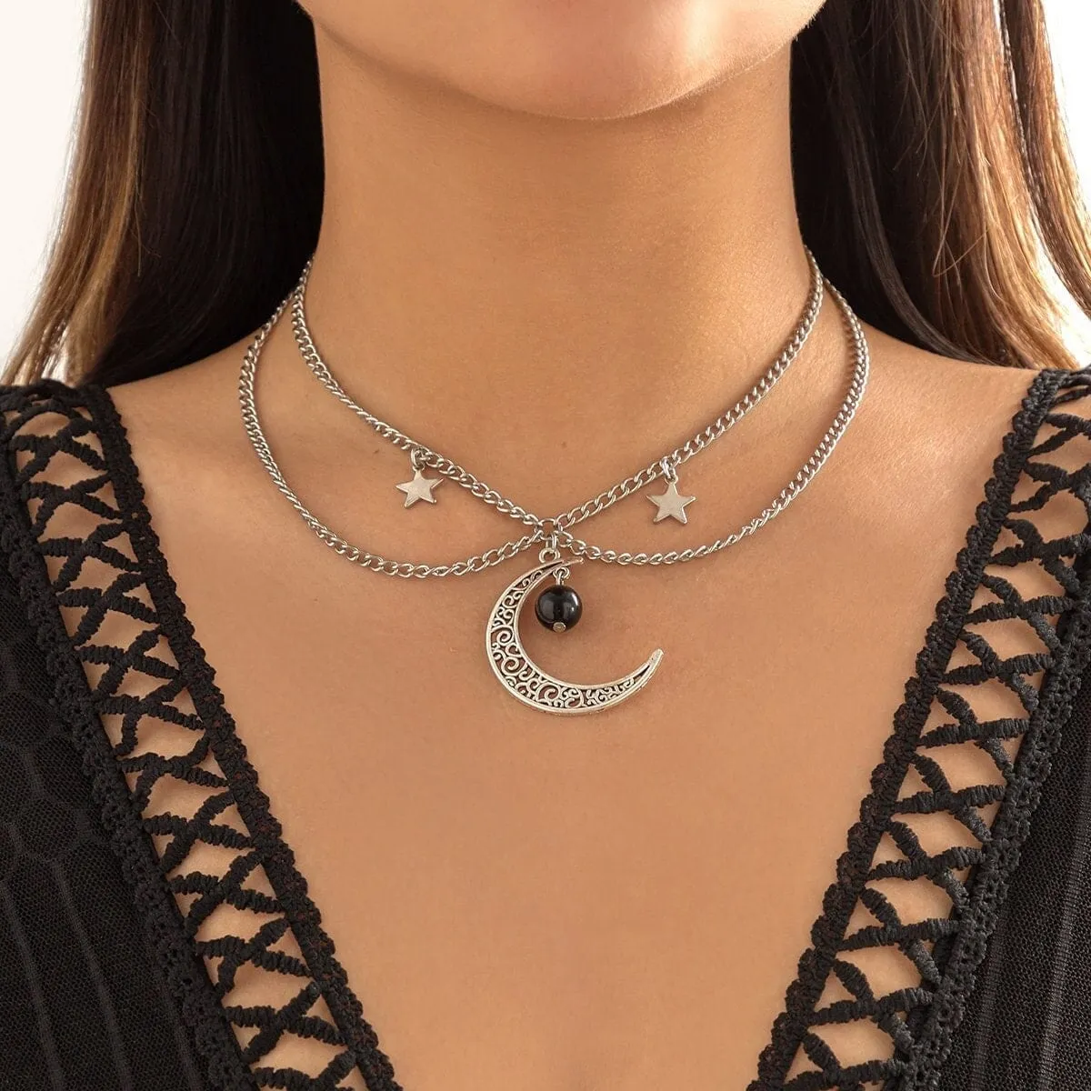 Chic Layered Star Moon Phase Tassel Choker Necklace