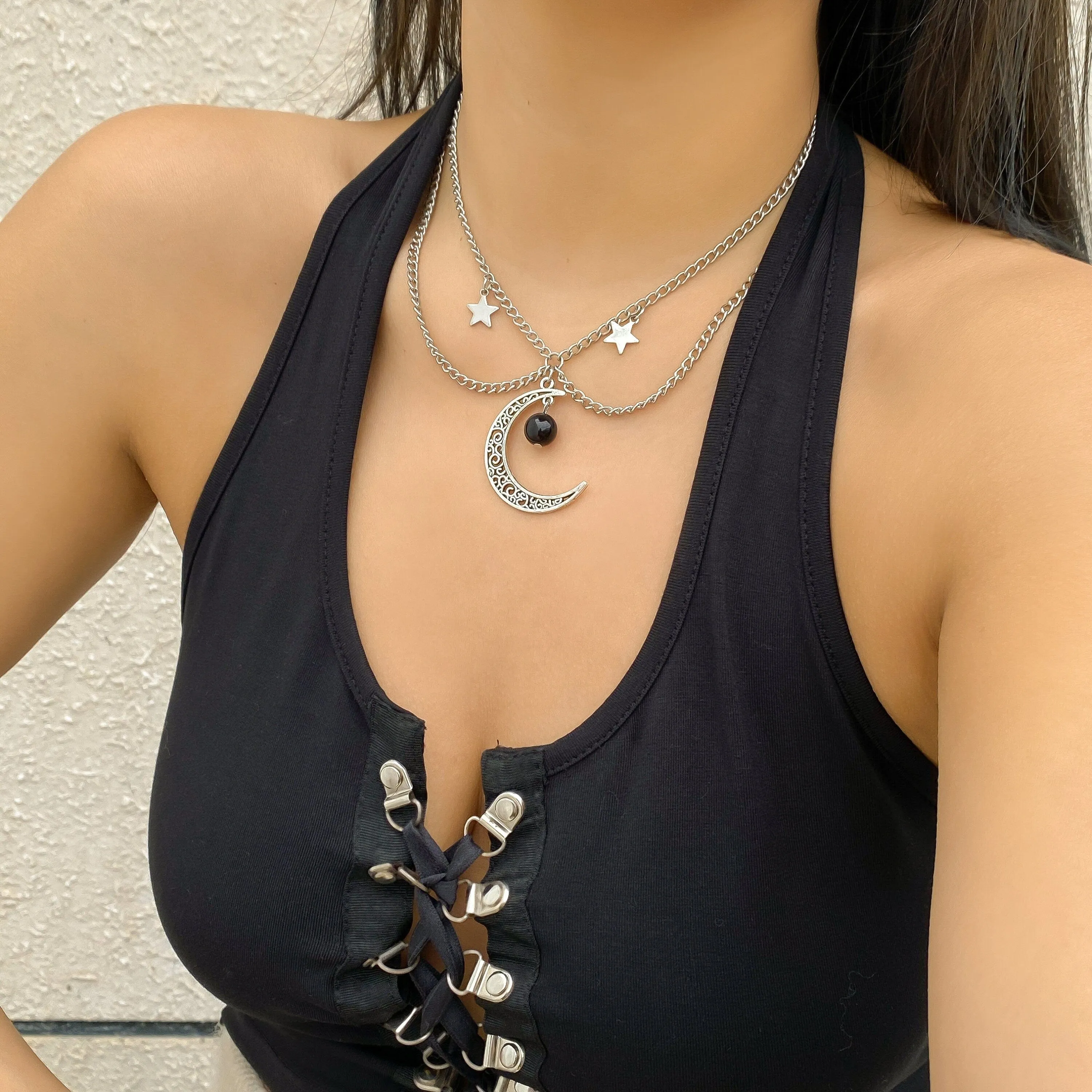 Chic Layered Star Moon Phase Tassel Choker Necklace