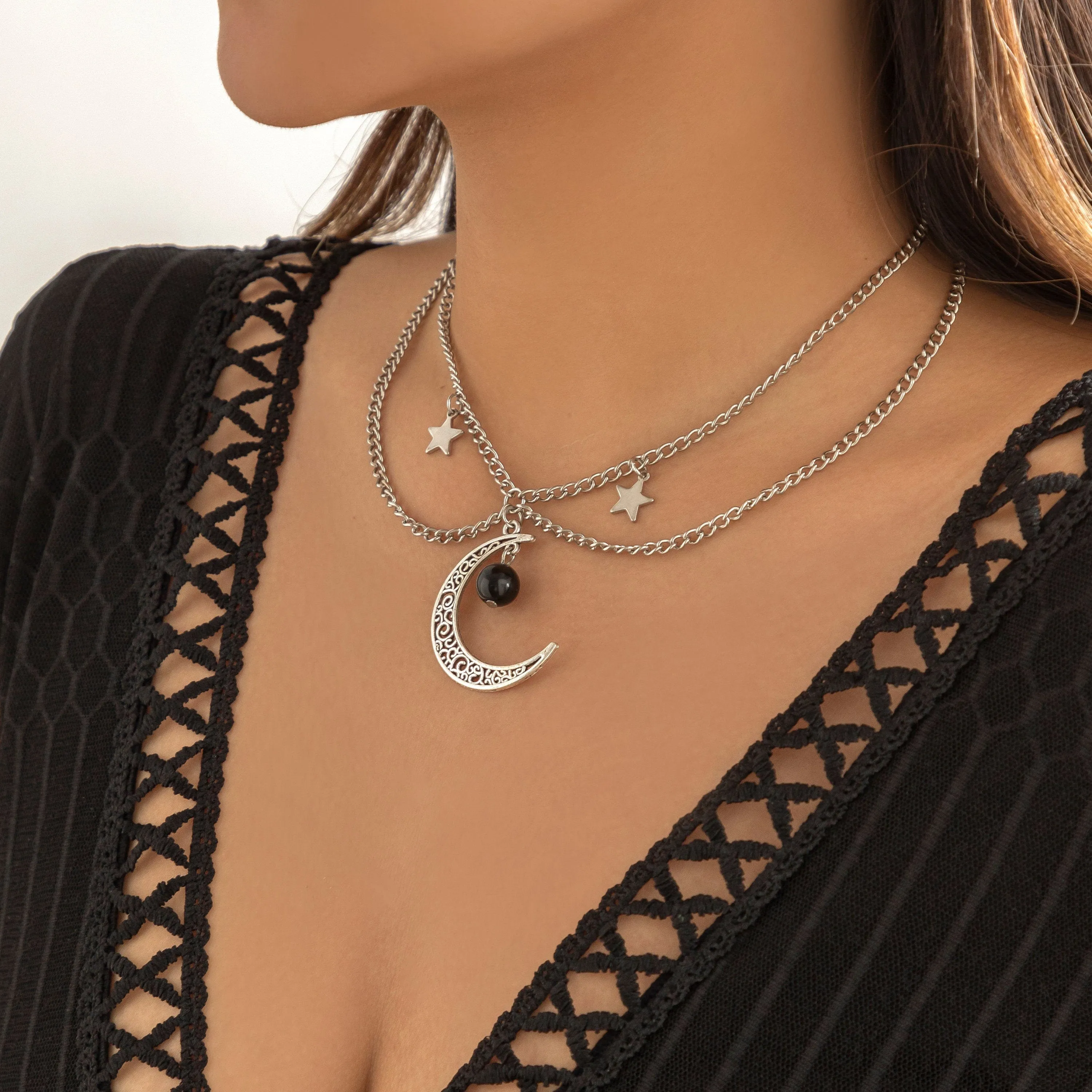 Chic Layered Star Moon Phase Tassel Choker Necklace