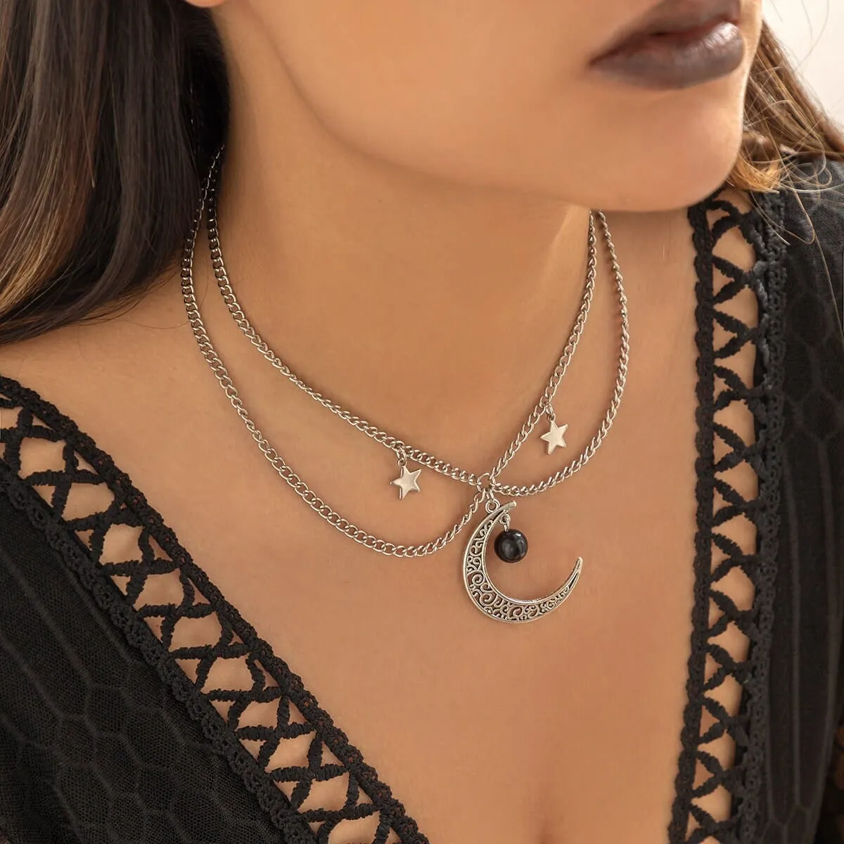 Chic Layered Star Moon Phase Tassel Choker Necklace