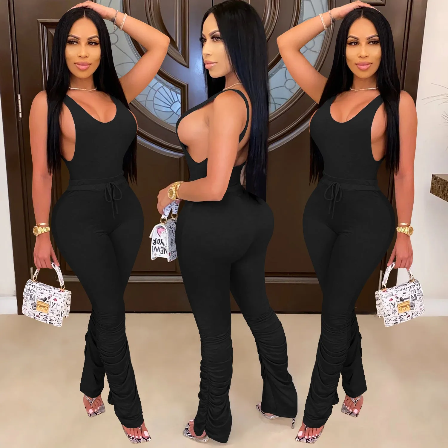 Chic Pleated Vest and Ruched Pant Two-Piece Set for Effortless Style