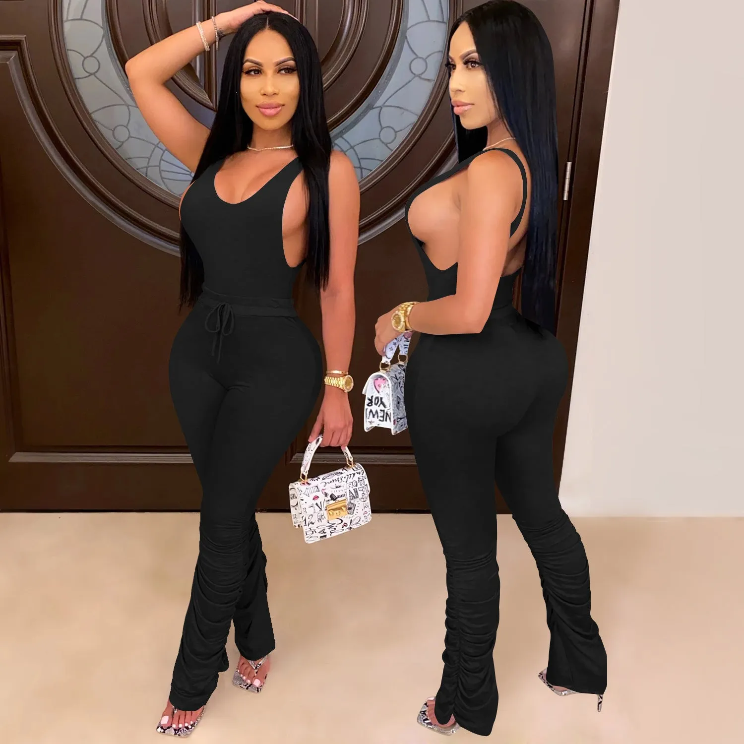 Chic Pleated Vest and Ruched Pant Two-Piece Set for Effortless Style
