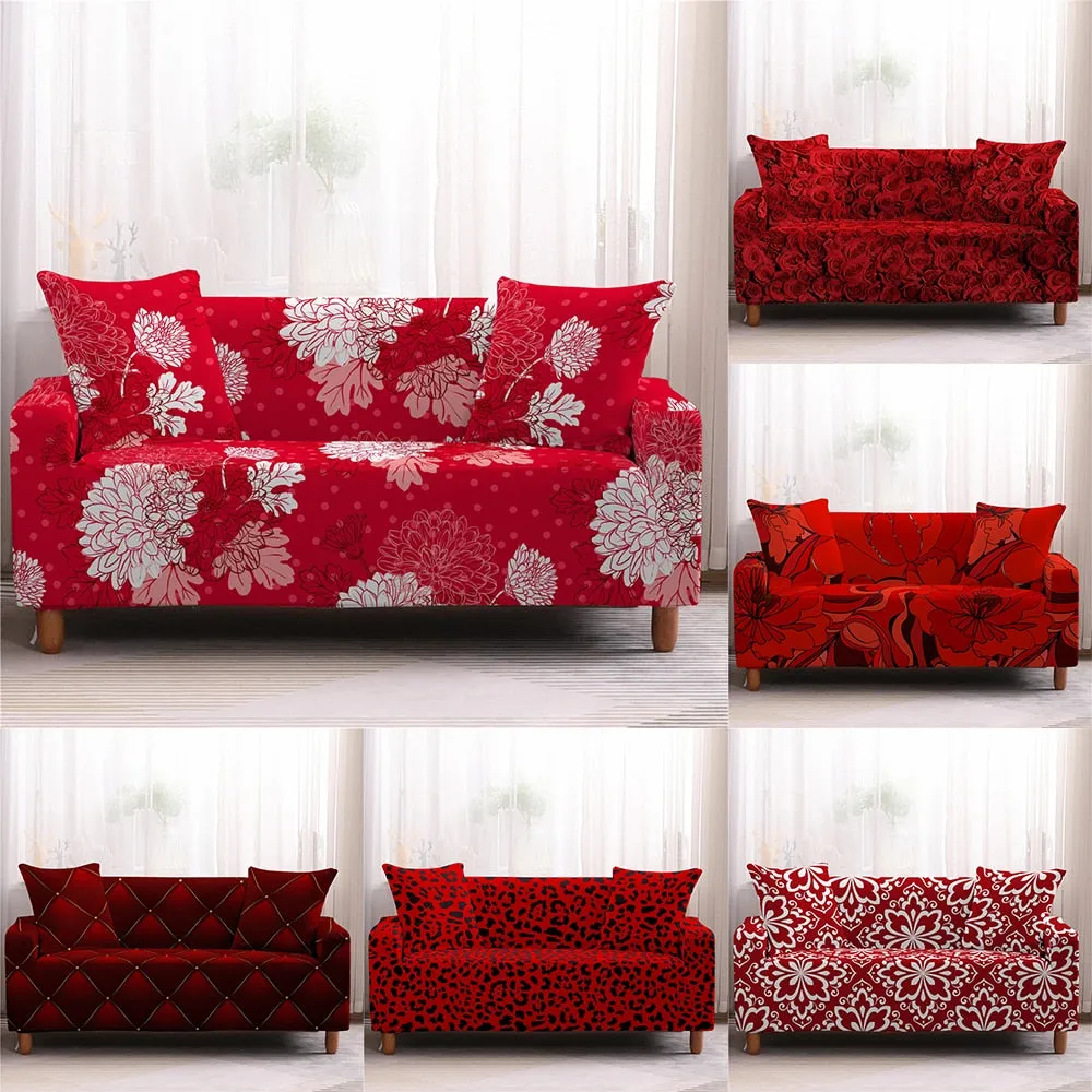 Christmas Floral Red Stretch Sofa Cover Living Room All Inclusive Anti-Dirty Slipcover Furniture Protector Elastic Couch Cover