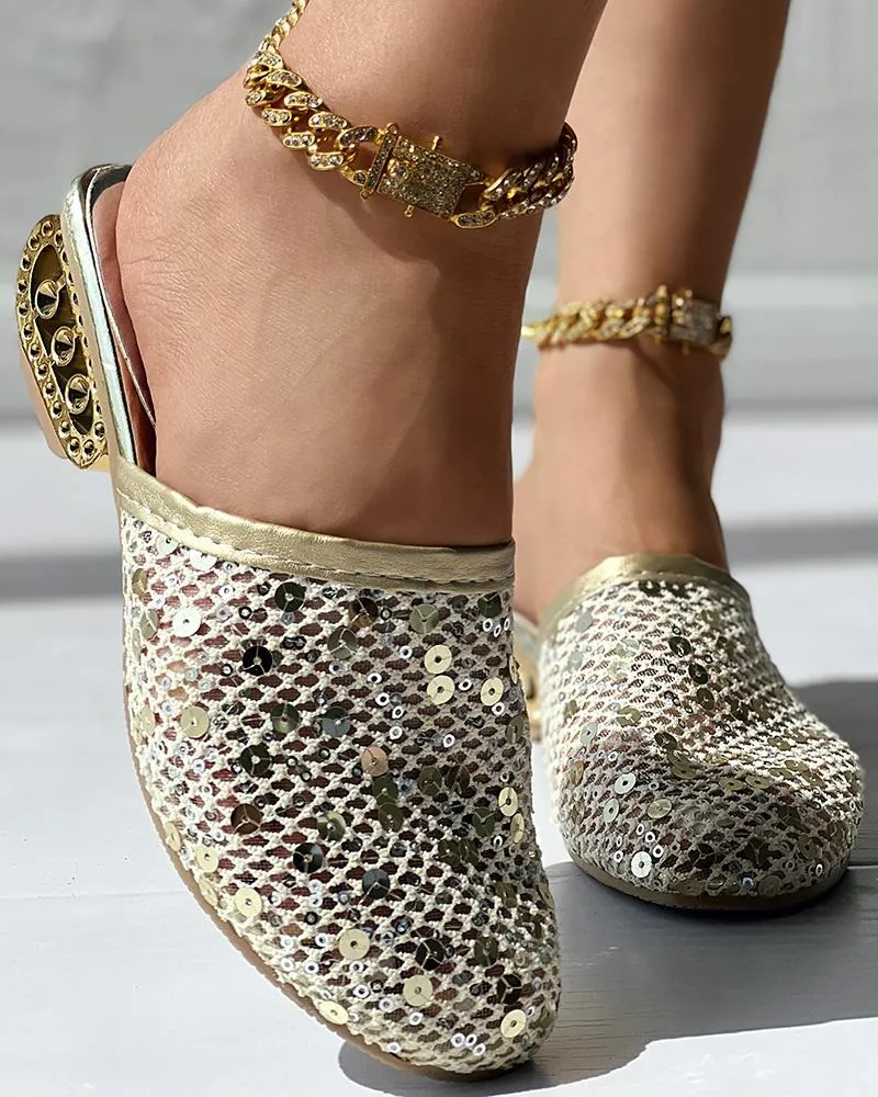 Contrast Sequin Lace Slipper Loafers