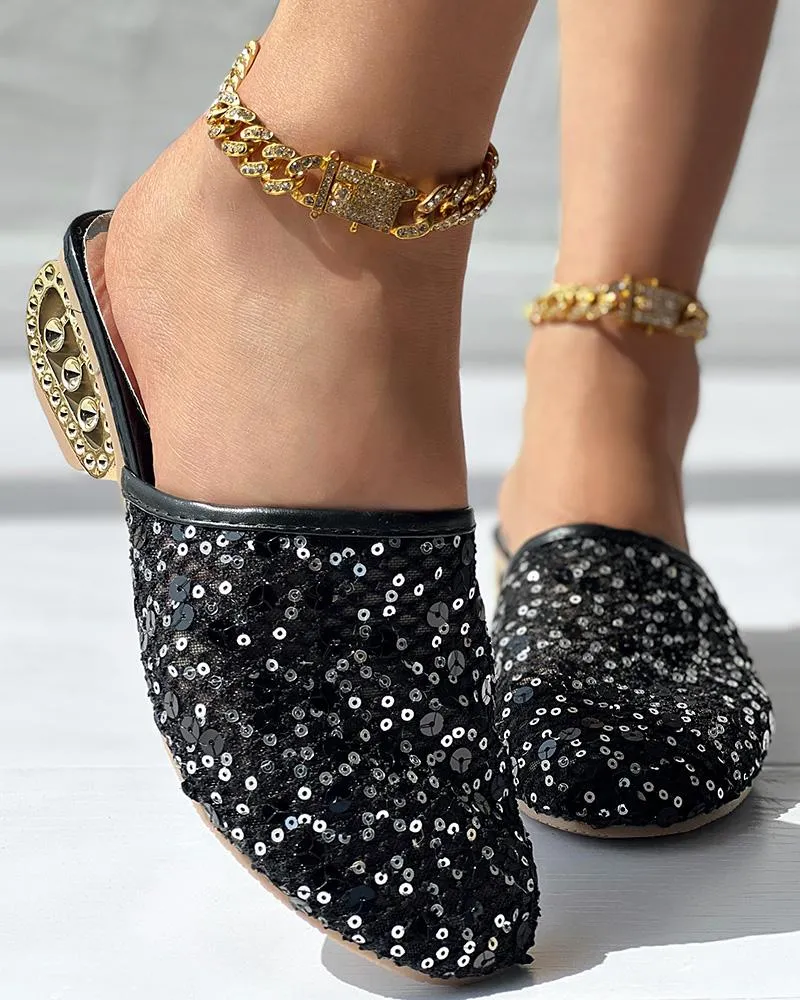 Contrast Sequin Lace Slipper Loafers