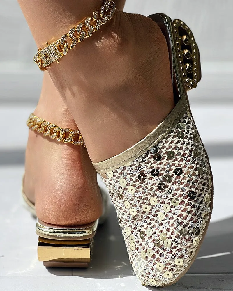 Contrast Sequin Lace Slipper Loafers