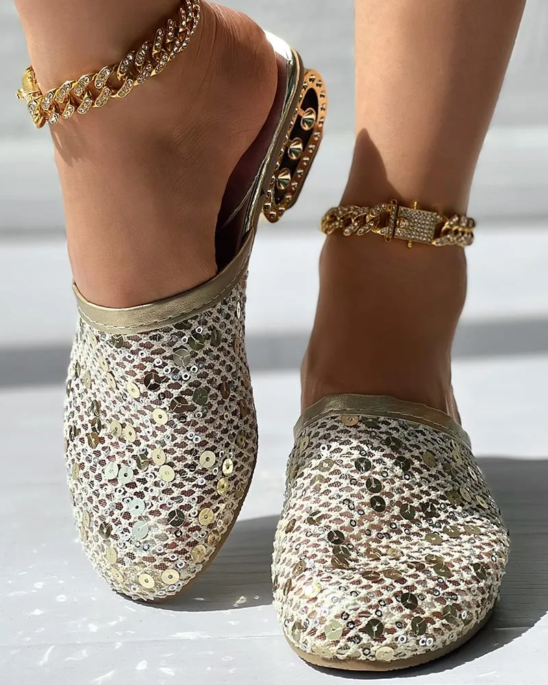 Contrast Sequin Lace Slipper Loafers