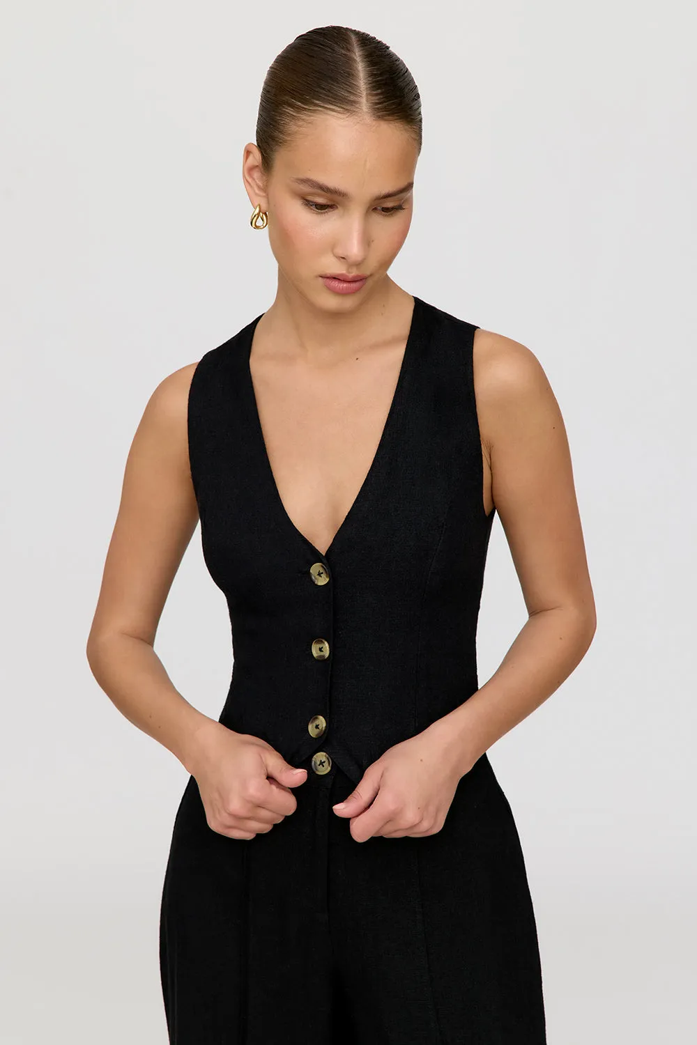 CYPRUS LINEN BLEND TAILORED WAISTCOAT - SHADOW BLACK