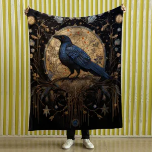 Dark Cottagecore Crow Tapestry Woven | Raven Wall Art Blanket Woven Wall Hanging | Woodland Aesthetic Halloween Gothic Decor Crow Blanket, Bird And Flower 007
