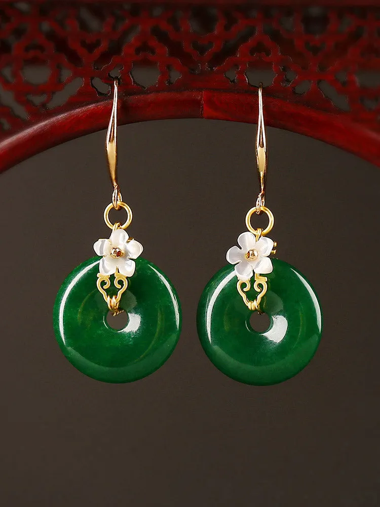Elegant Green Emerald & Shell Flower Earrings