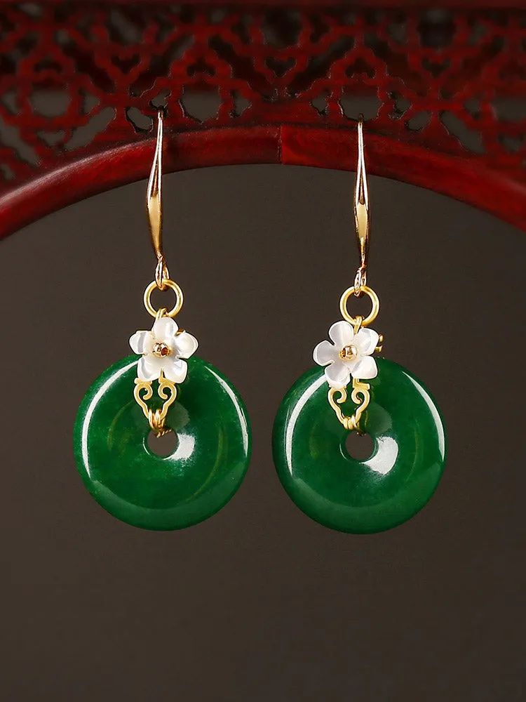 Elegant Green Emerald & Shell Flower Earrings