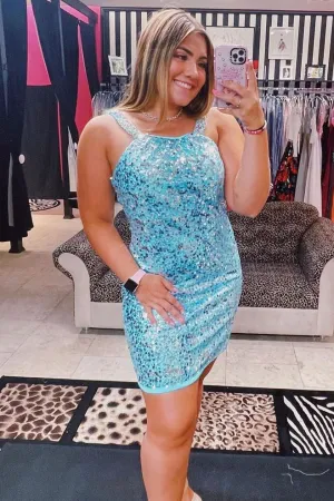 Elegant Halter Sequins Light Blue Homecoming Dress