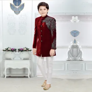 Elegant Maroon Boys Sherwani with White Pyjama