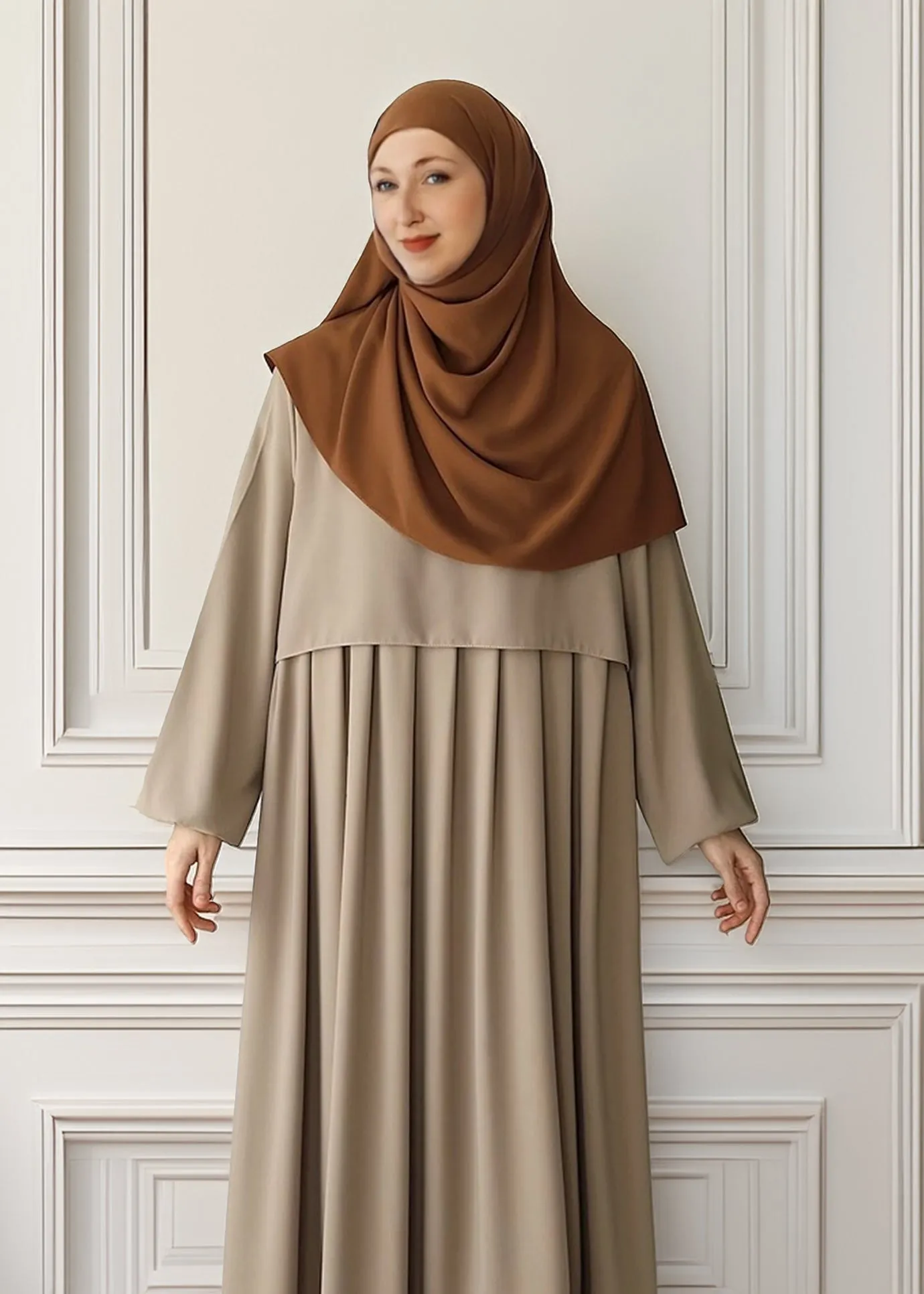 Elegant Taupe Pleated Abaya with Skirted Look
