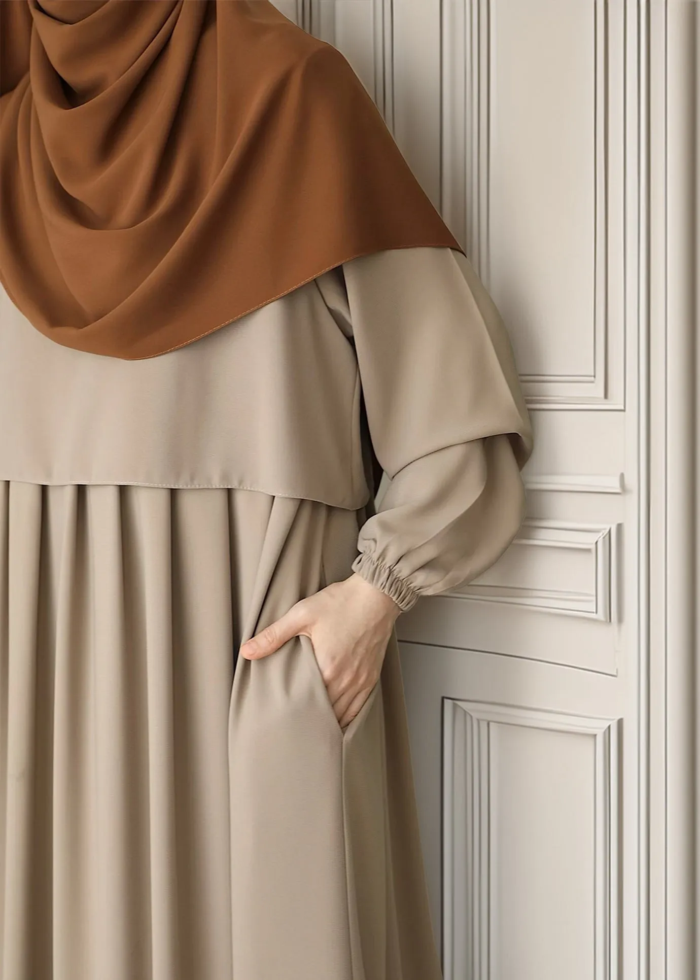 Elegant Taupe Pleated Abaya with Skirted Look