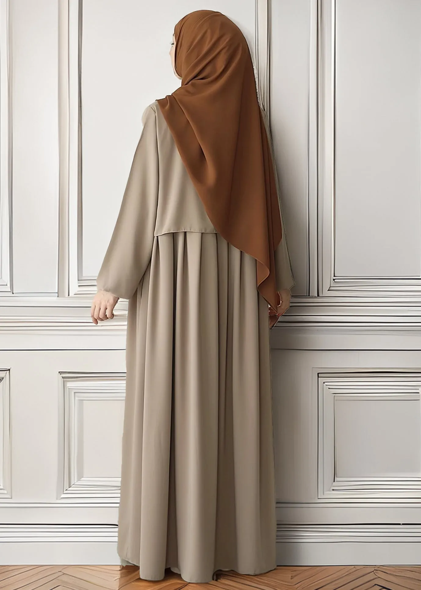 Elegant Taupe Pleated Abaya with Skirted Look