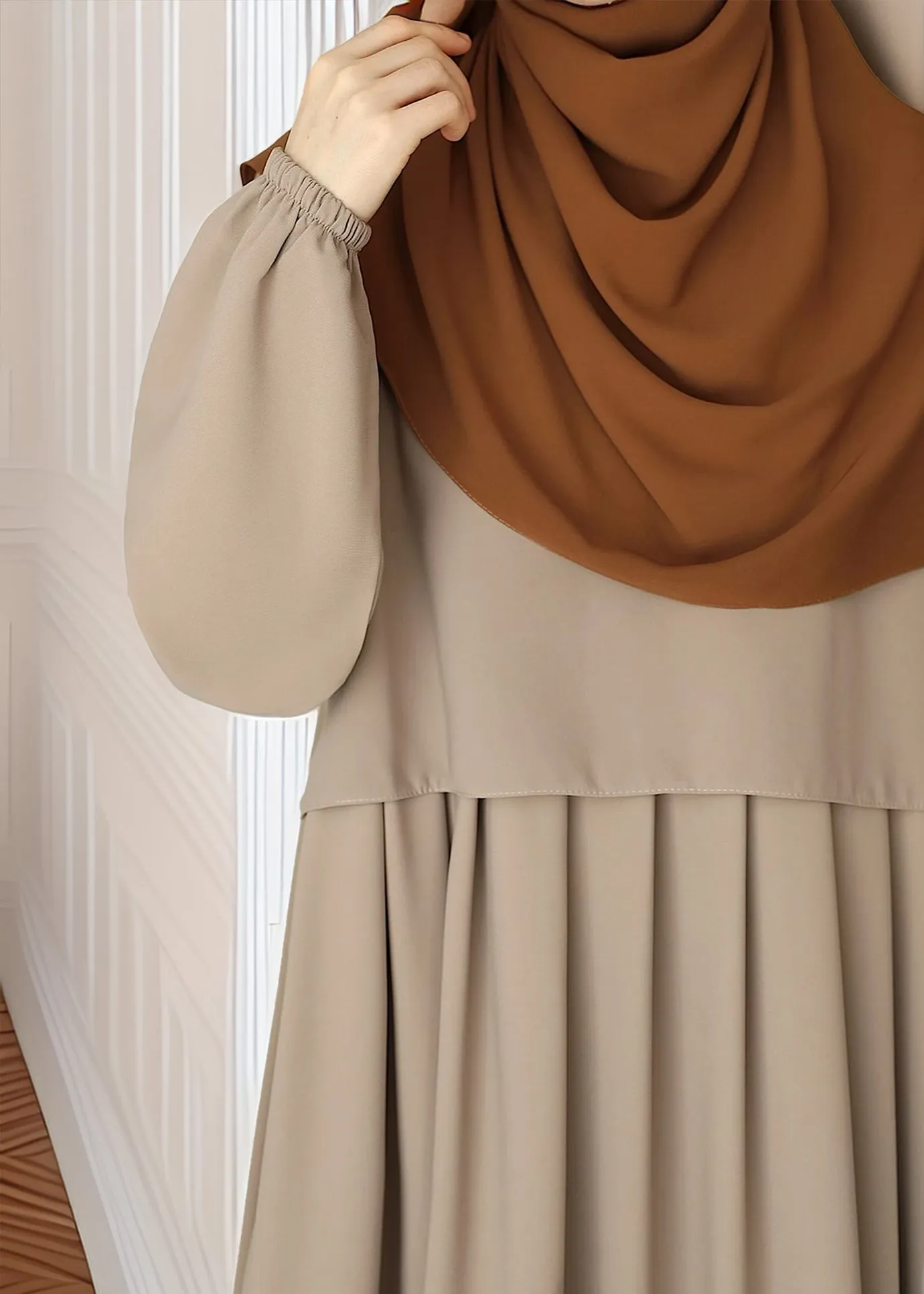 Elegant Taupe Pleated Abaya with Skirted Look