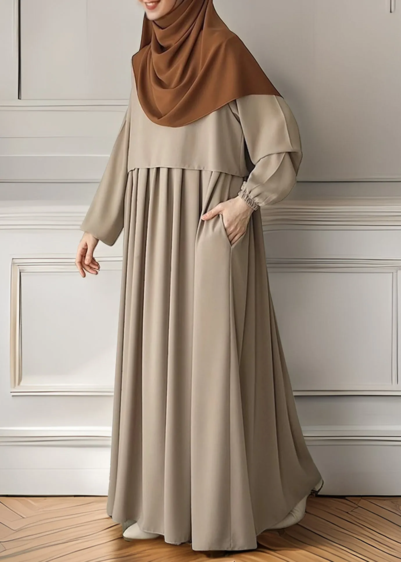 Elegant Taupe Pleated Abaya with Skirted Look