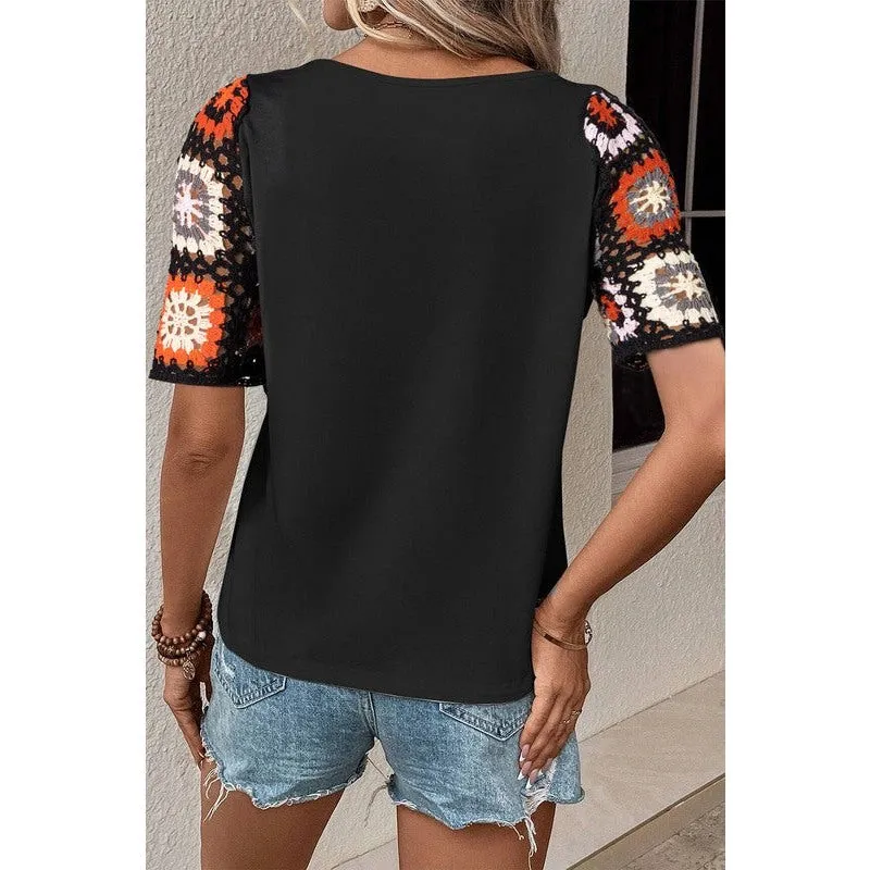 Floral Crochet Short Sleeve Top