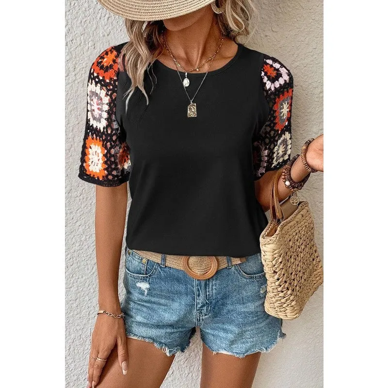 Floral Crochet Short Sleeve Top