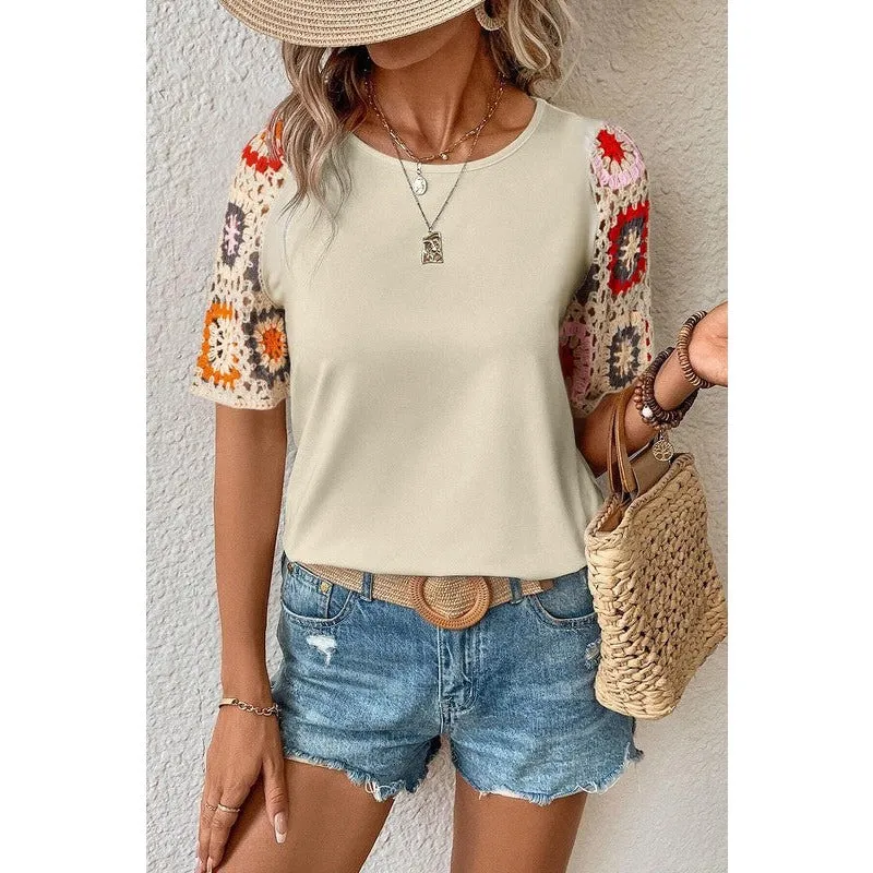 Floral Crochet Short Sleeve Top