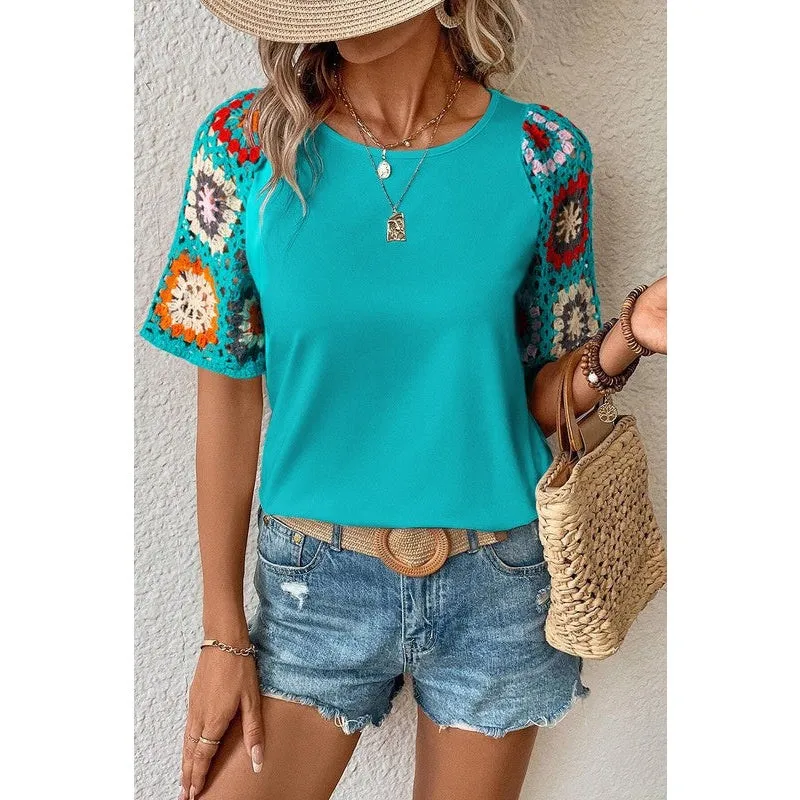 Floral Crochet Short Sleeve Top