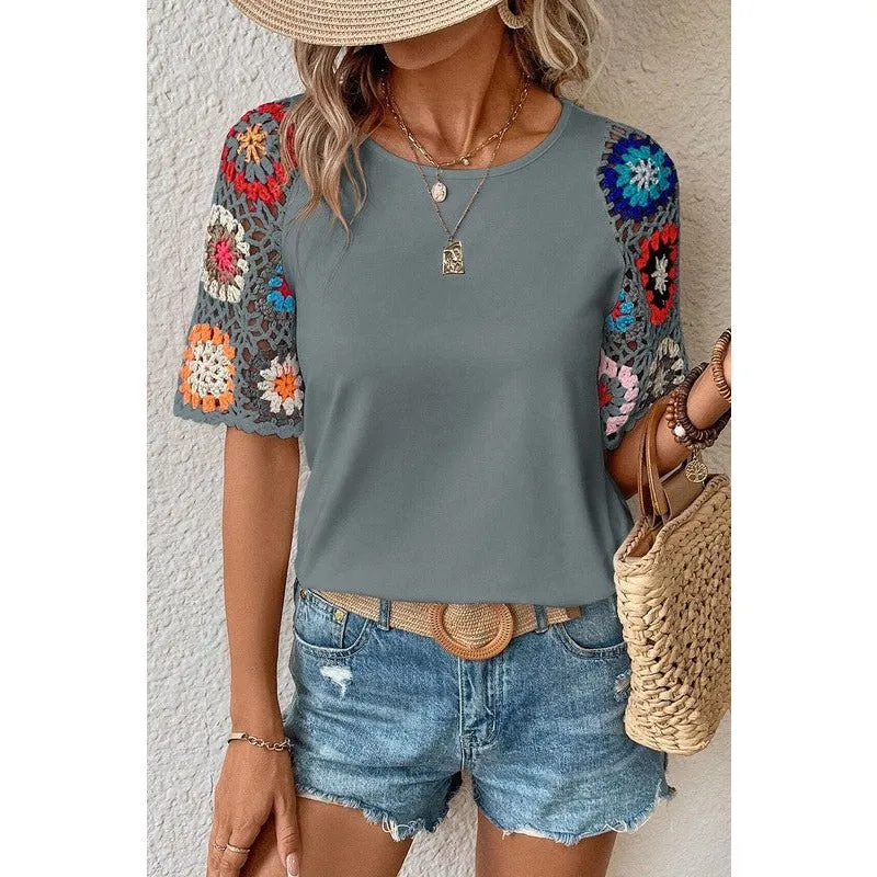 Floral Crochet Short Sleeve Top