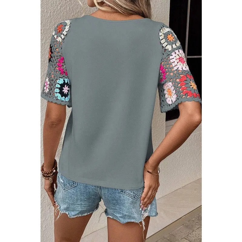 Floral Crochet Short Sleeve Top