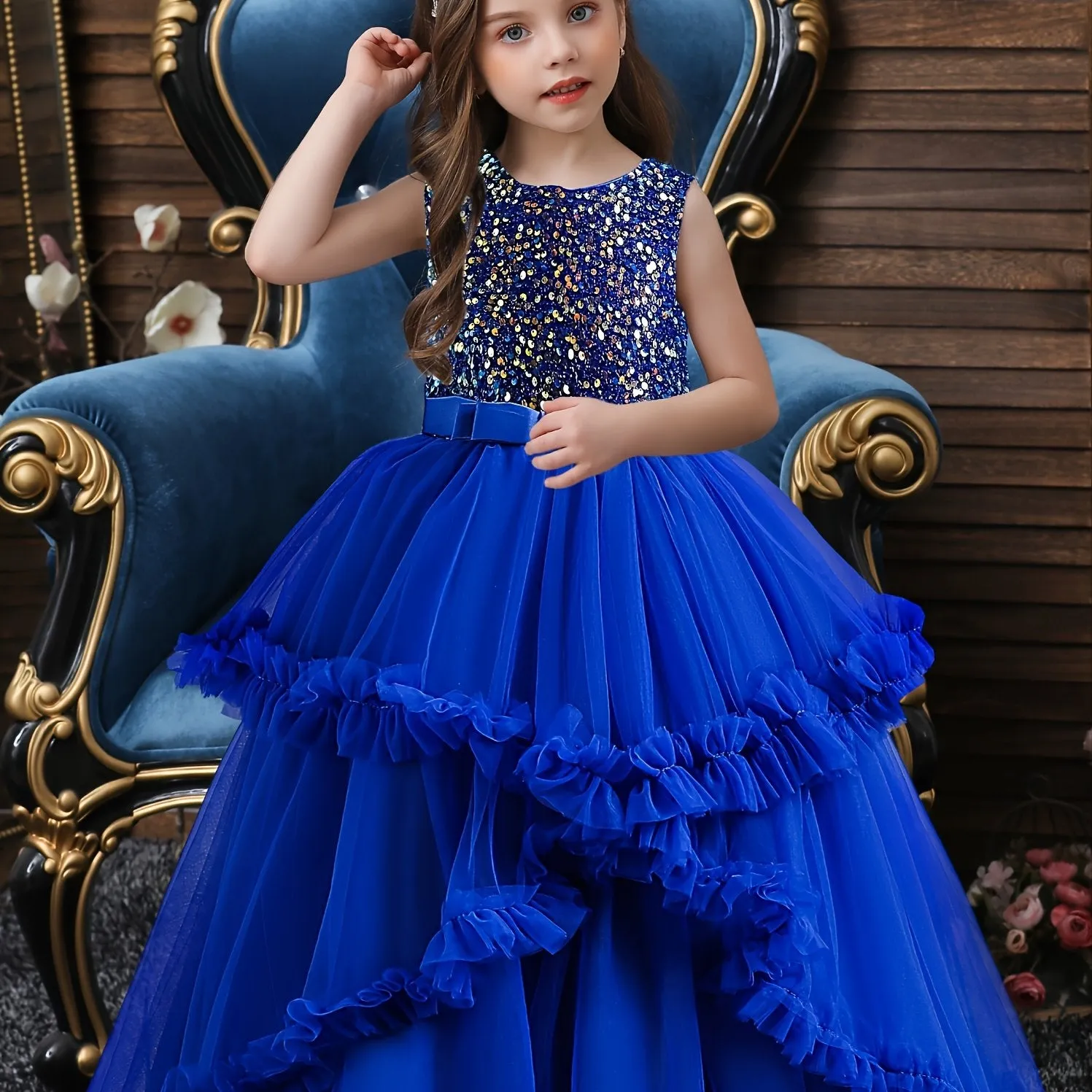 Girls Elegant Sleeveless Sequined Princess Dress