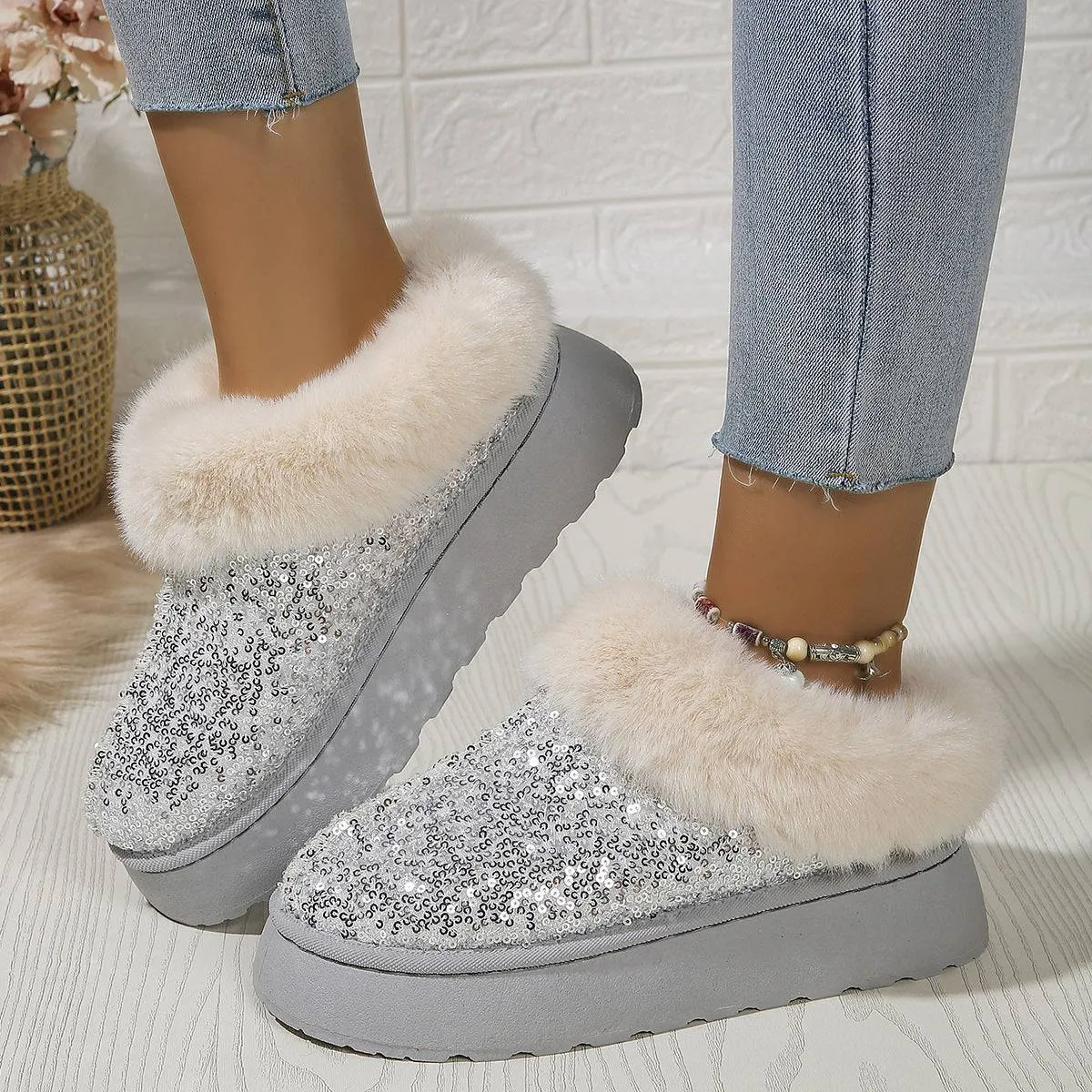 Glamour & Warmth: Fashion Sequined Plush Winter Slippers