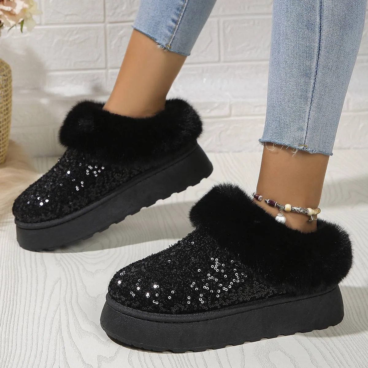 Glamour & Warmth: Fashion Sequined Plush Winter Slippers