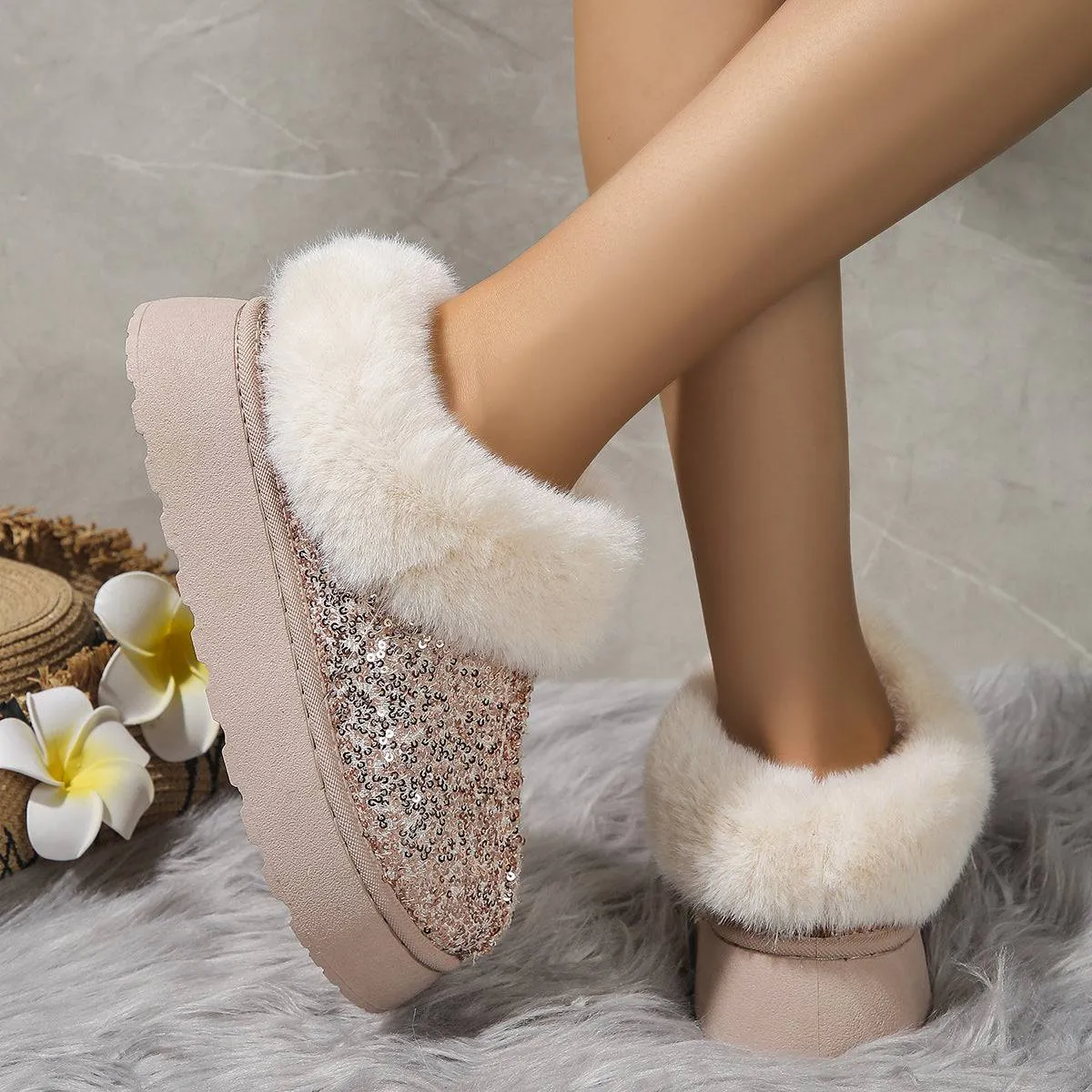 Glamour & Warmth: Fashion Sequined Plush Winter Slippers