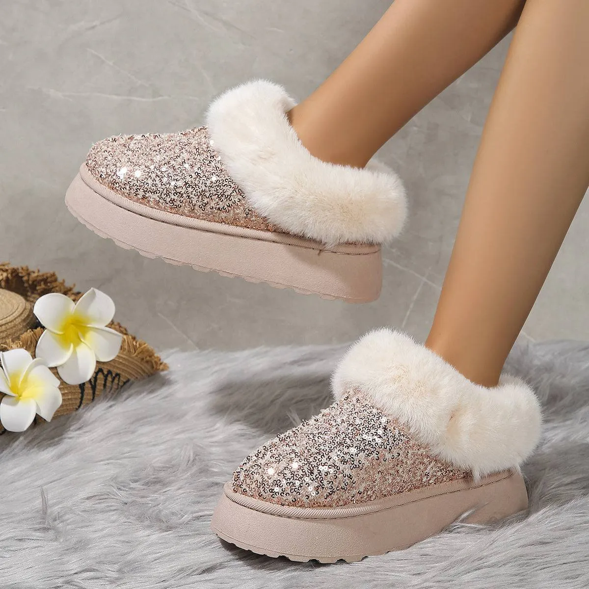 Glamour & Warmth: Fashion Sequined Plush Winter Slippers