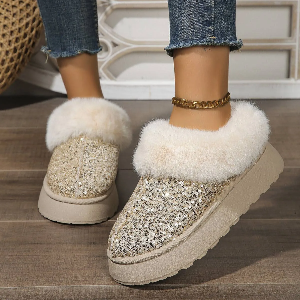 Glamour & Warmth: Fashion Sequined Plush Winter Slippers