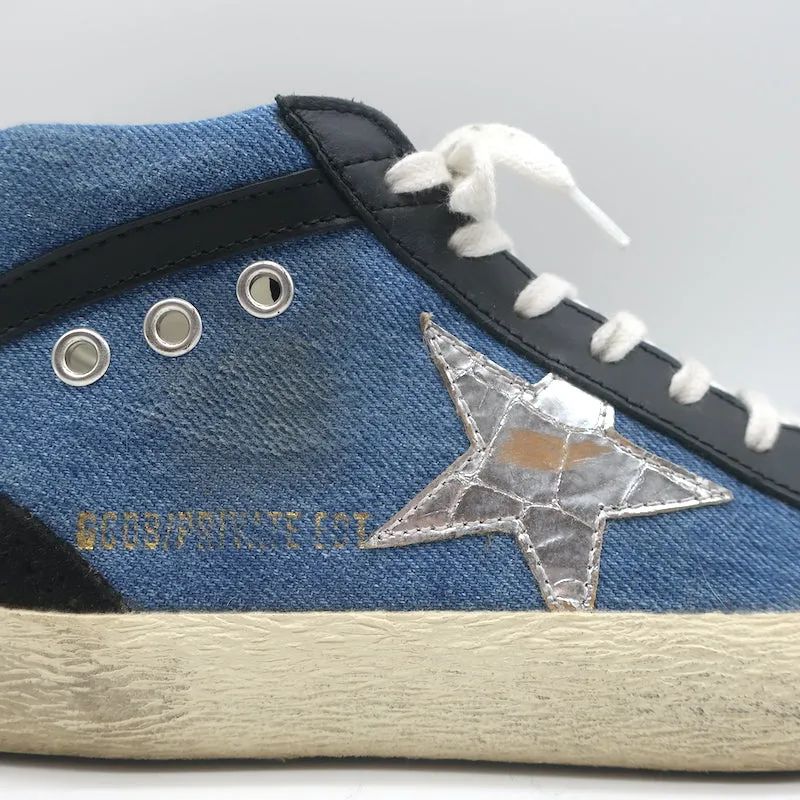 Golden Goose Denim Mid Star Sneakers with Silver Metallic Star Size 37