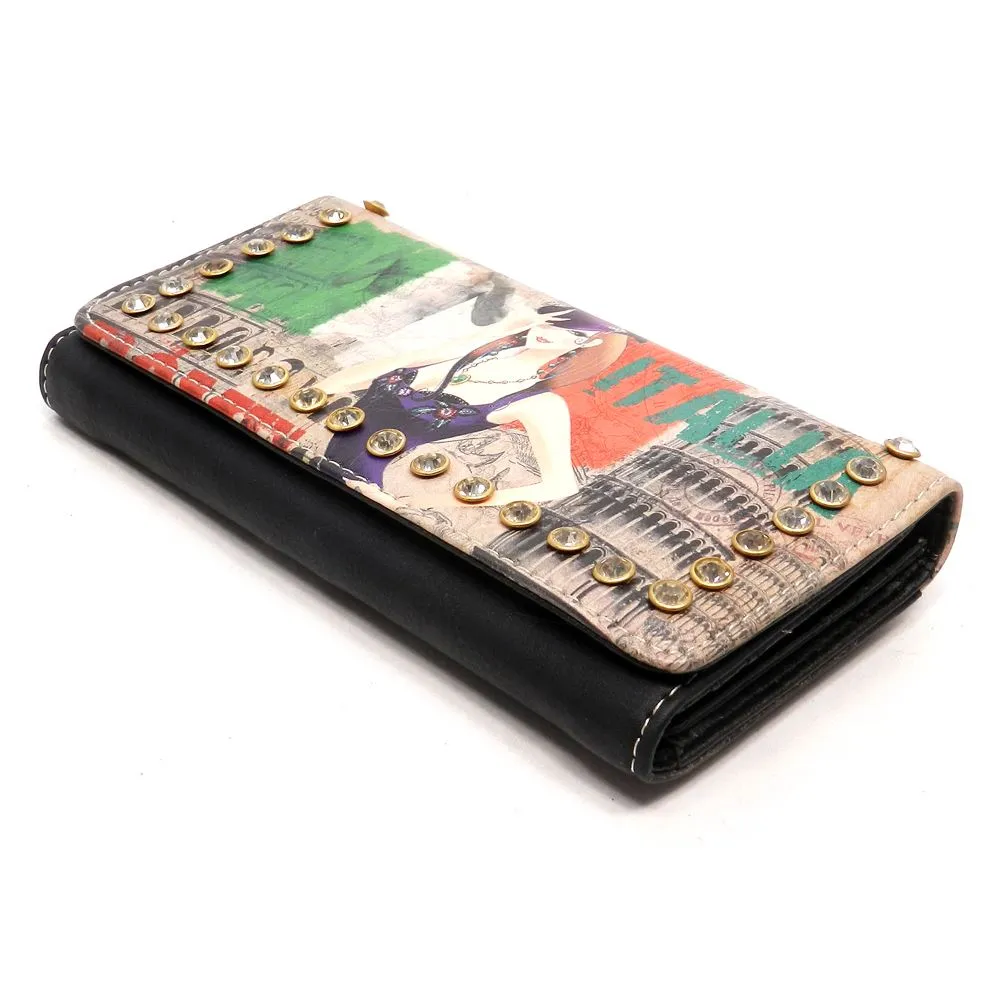 Graphic Black bling L Woman Wallet Checkbook rhinestone multicolor designer