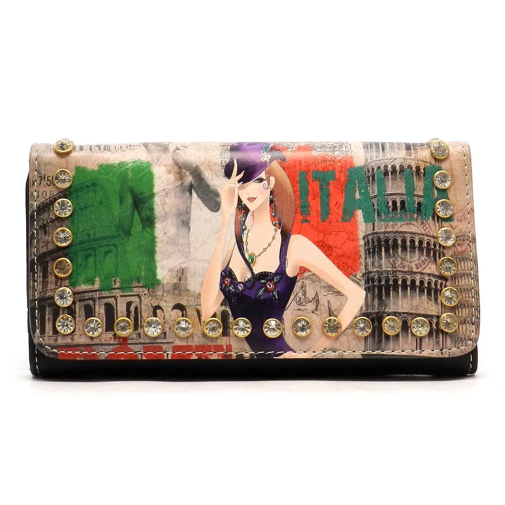 Graphic Black bling L Woman Wallet Checkbook rhinestone multicolor designer