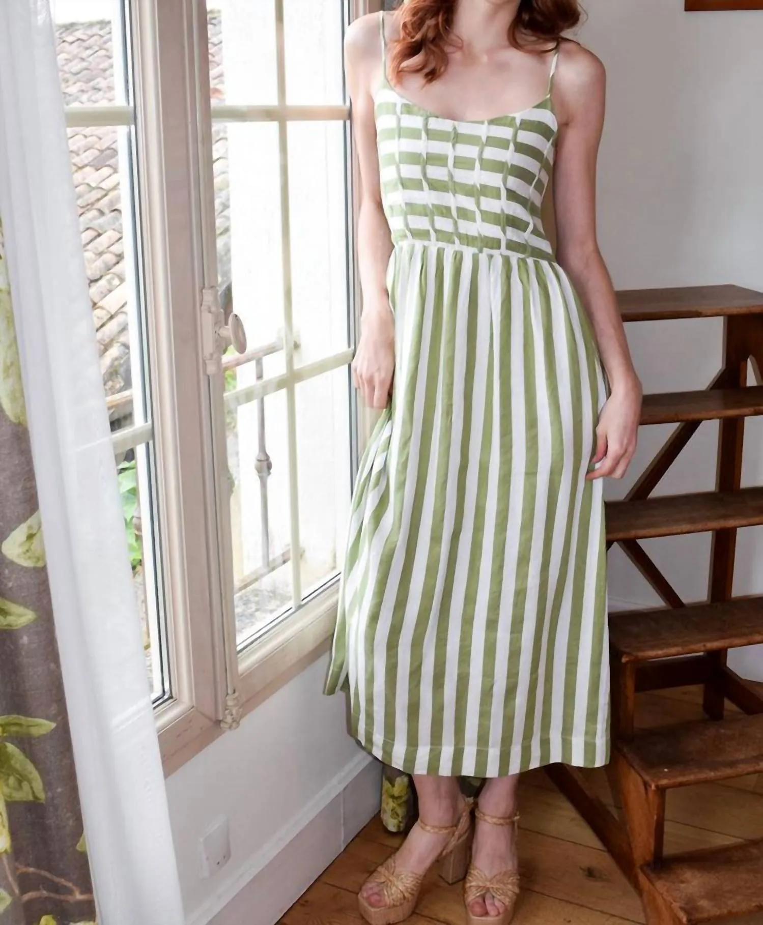 Grass Stripe Corset Dress In Green