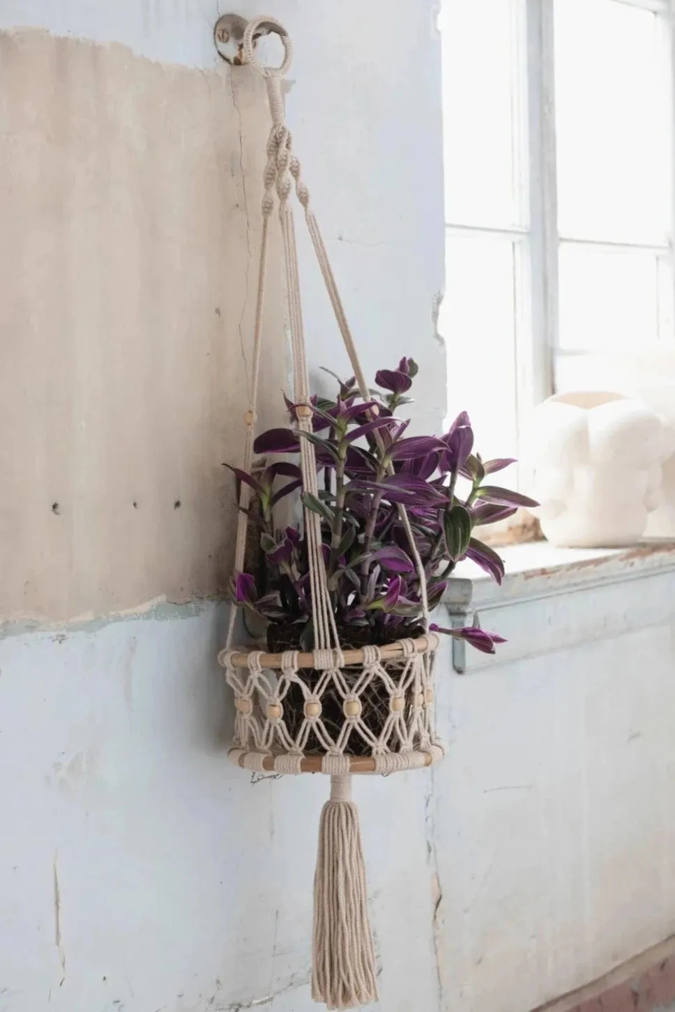 Hand-Woven Macrame & Rattan Plant Hanger