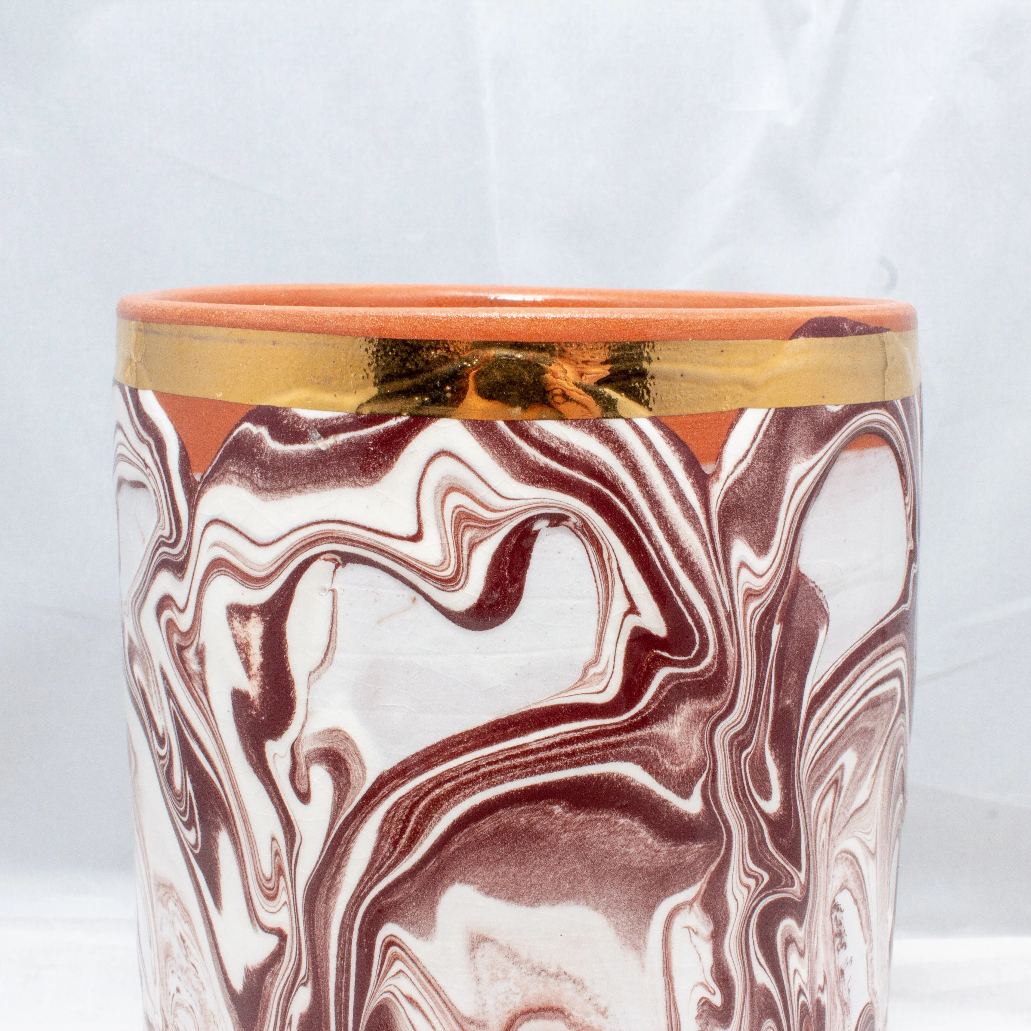 Handmade Marble Glazed Moroccan Cylinder Vase with 12K Gold