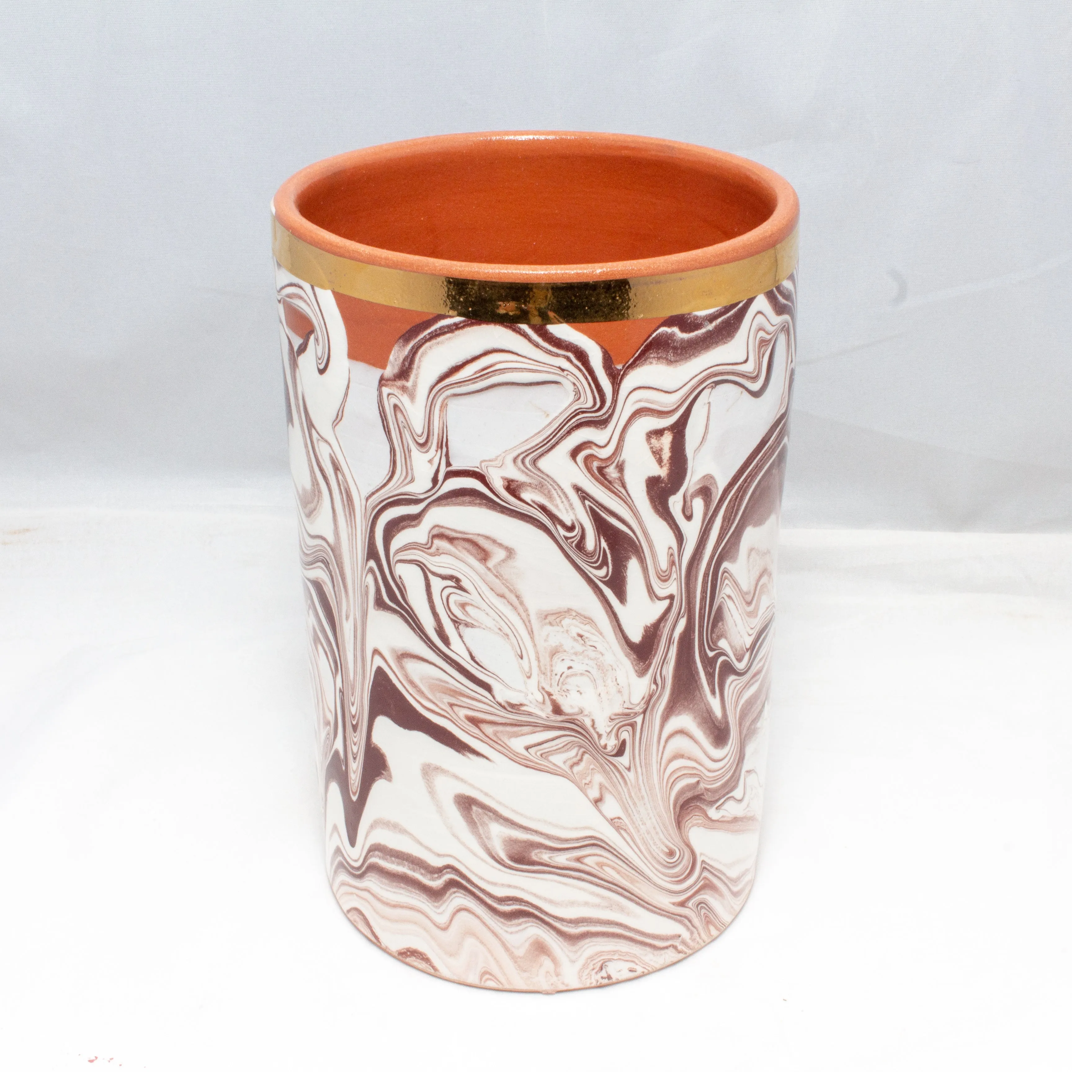 Handmade Marble Glazed Moroccan Cylinder Vase with 12K Gold