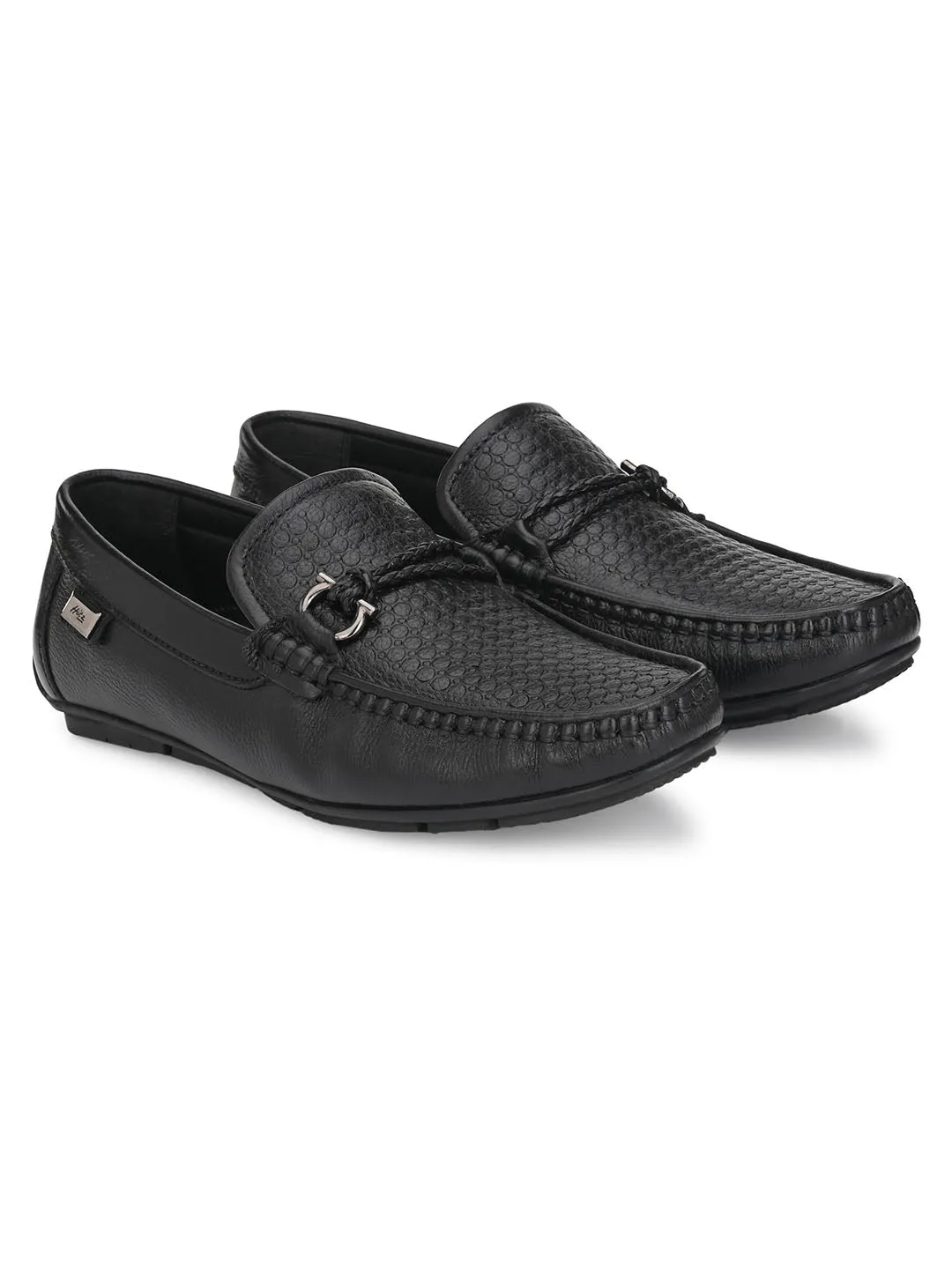 Hitz Men's Black Leather Slip-On Casual Loafer Shoes