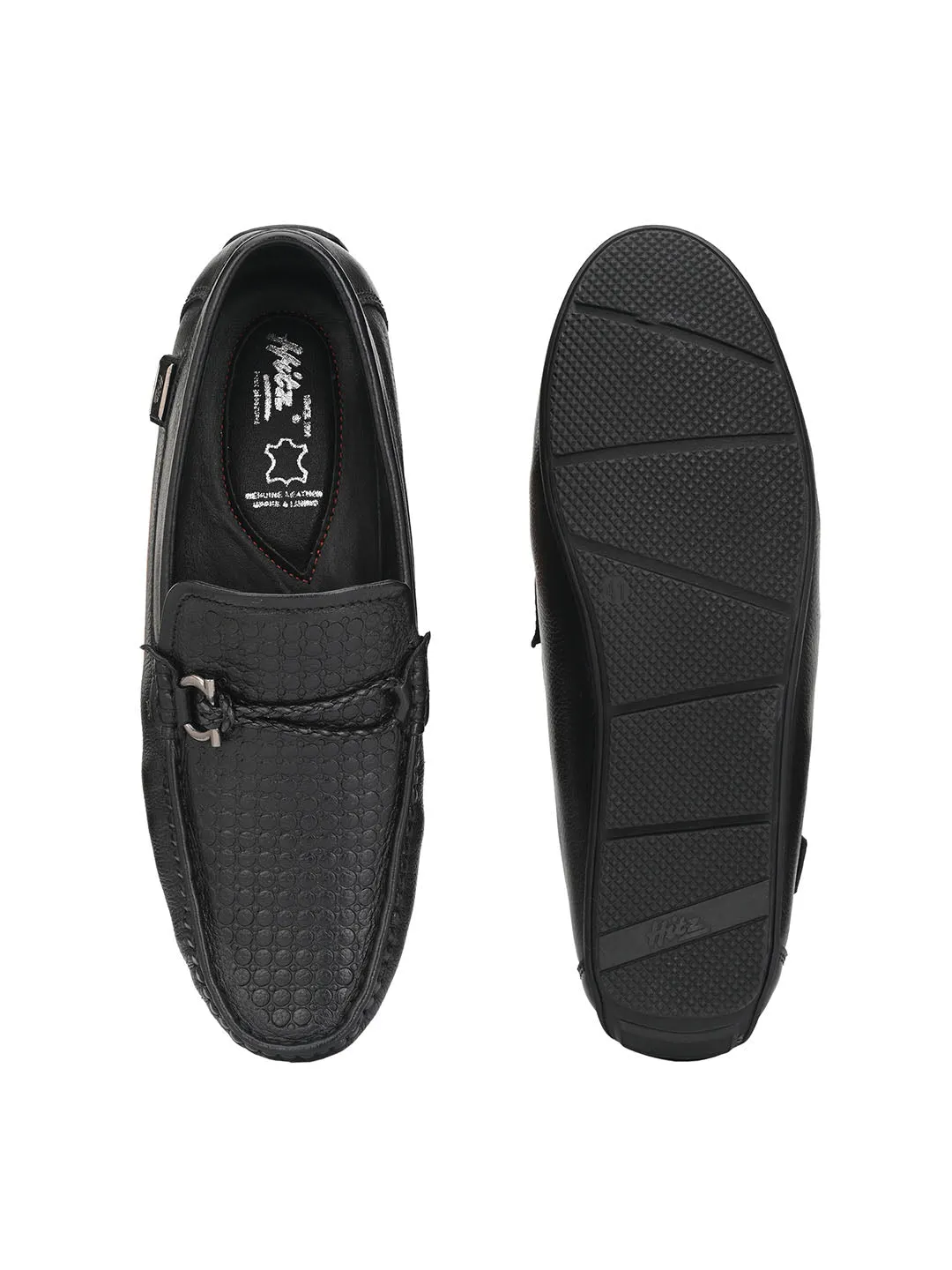 Hitz Men's Black Leather Slip-On Casual Loafer Shoes