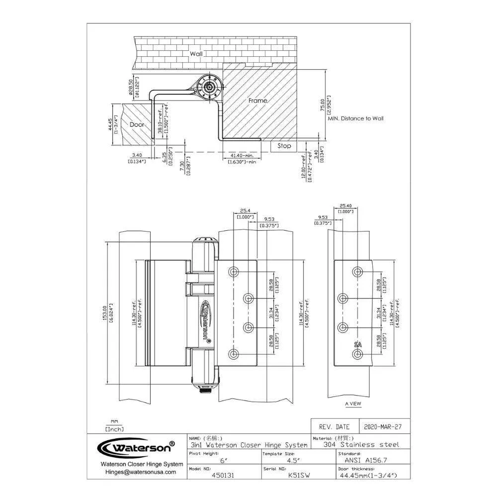 K51L-SWRH-450-D3 | Heavy Duty Hydraulic Hybrid Swing Clear Hinge with Hold Open | 4.5” x 4.5” | 304 Stainless Steel | 3 Pack