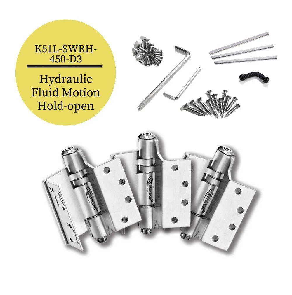 K51L-SWRH-450-D3 | Heavy Duty Hydraulic Hybrid Swing Clear Hinge with Hold Open | 4.5” x 4.5” | 304 Stainless Steel | 3 Pack