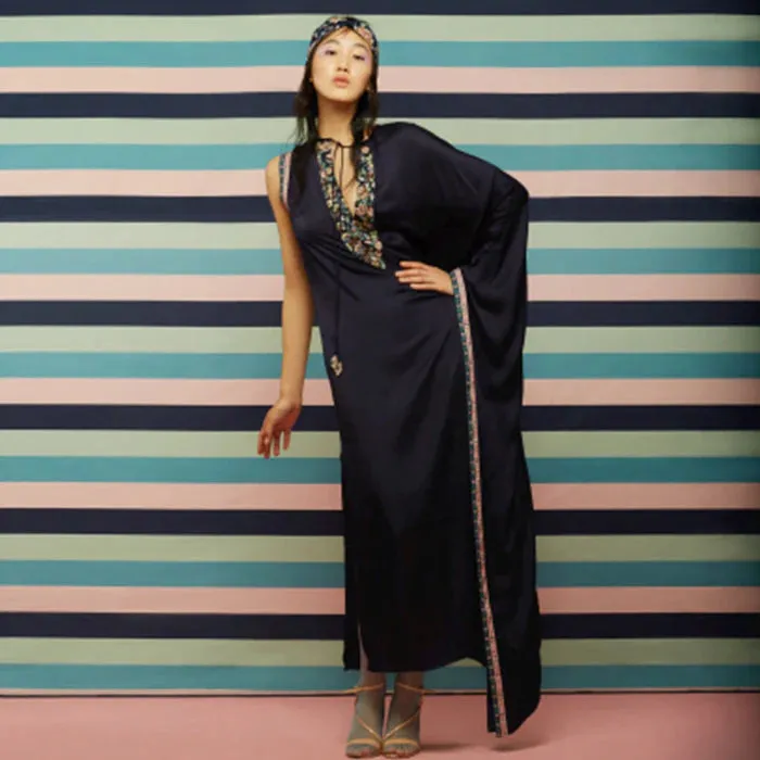 KAFTAN- PERSIAN BLUE SATIN KAFTAN WITH EMBELLISHED NECKLINE