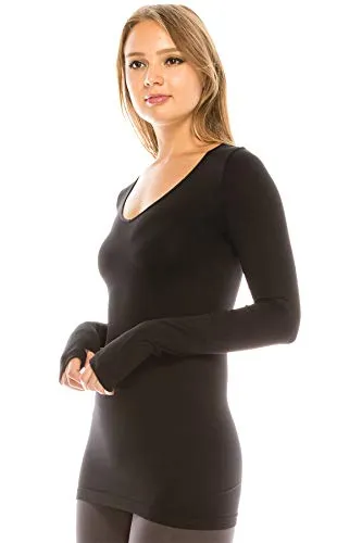 Kurve Women’s Basic Solid Tops – Long Sleeve V Neck Casual Stretch Slim Fit T-Shirt Top Black