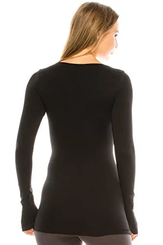 Kurve Women’s Basic Solid Tops – Long Sleeve V Neck Casual Stretch Slim Fit T-Shirt Top Black