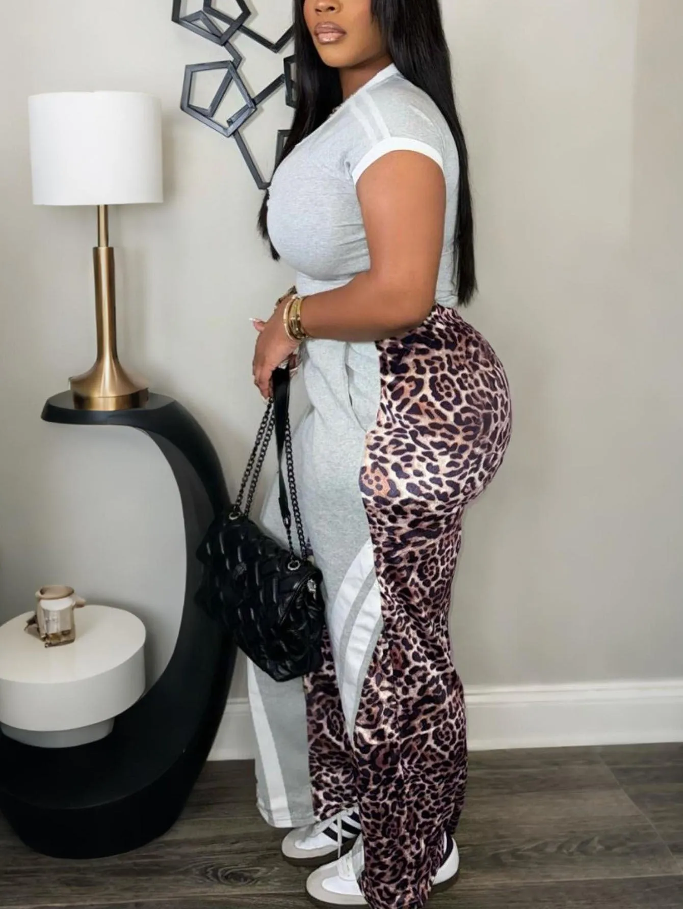 Leopard Accent Colorblock Two-Piece Casual Pants Set