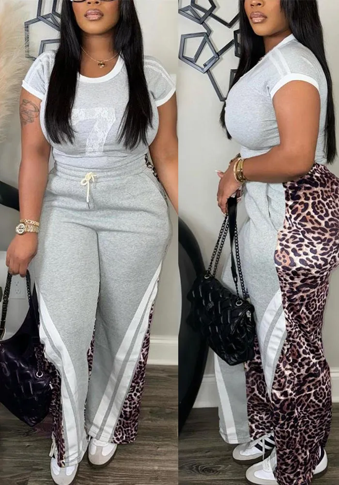 Leopard Accent Colorblock Two-Piece Casual Pants Set